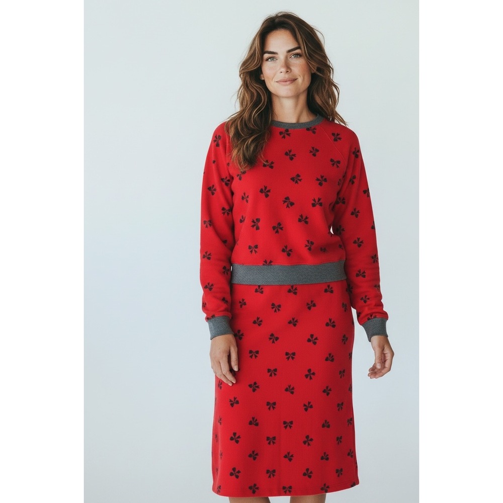 Vtg Red Knit Two Piece Set Bow Print Sweatshirt and Midi Skirt Gray Trim Sz L